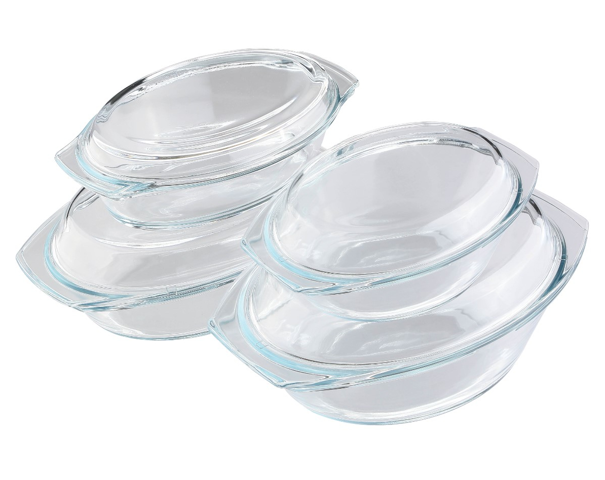 סט 4 סירי זכוכית עגולים או אובלים עם מכסים בגודל: 0.7/1.5/2.5 ליטר