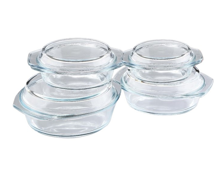 סט 4 סירי זכוכית עגולים או אובלים עם מכסים בגודל: 0.7/1.5/2.5 ליטר