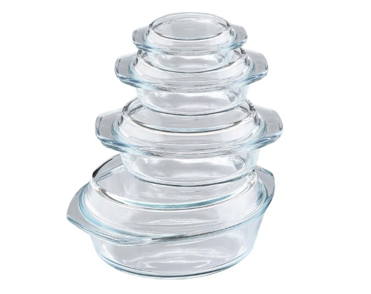 סט 4 סירי זכוכית עגולים או אובלים עם מכסים בגודל: 0.7/1.5/2.5 ליטר
