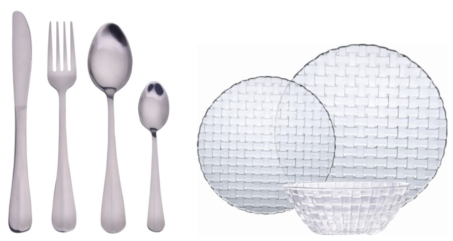 סט צלחות 18 חלקים ל 6 סועדים בעיצוב דמוי ראטן מסדרת השף שגב משה  + סט סכום 24 חלקים נירוסטה HAWAII