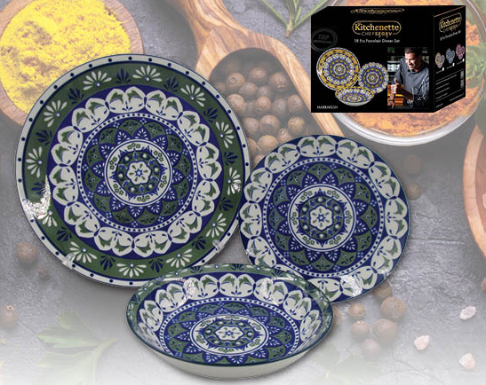 סט 18 צלחות פורצלן סדרת מערכות אוכל בעיצוב מרקש מסדרת השף SEGEV – שלושה צבעים לבחירה