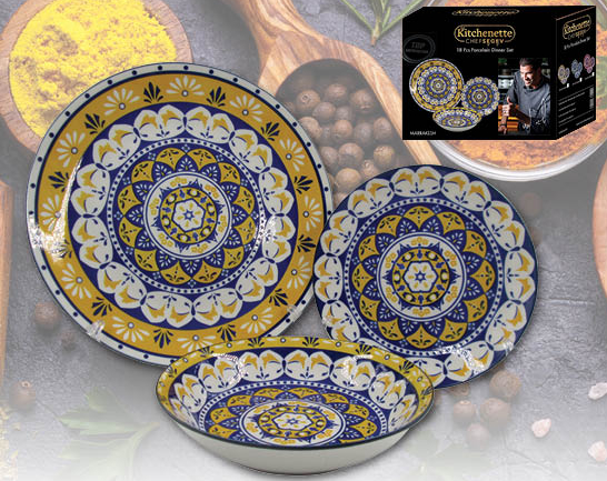 סט 18 צלחות פורצלן סדרת מערכות אוכל בעיצוב מרקש מסדרת השף SEGEV – שלושה צבעים לבחירה