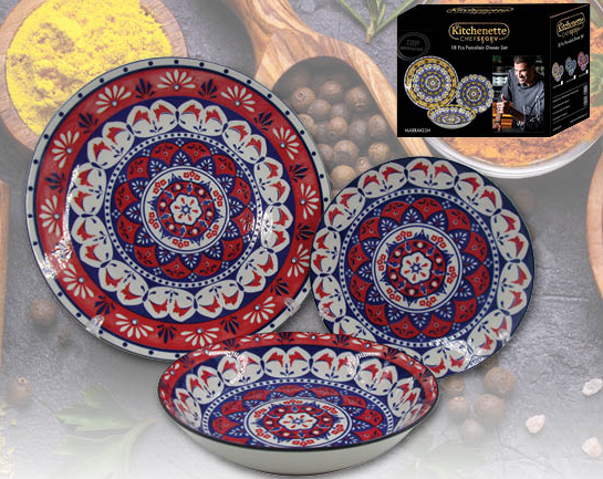 סט 18 צלחות פורצלן סדרת מערכות אוכל בעיצוב מרקש מסדרת השף SEGEV – שלושה צבעים לבחירה